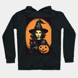 Vintage Retro Halloween Witch with Black Cat and Jack-O-Lantern Hoodie